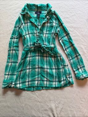 GAP Teal and White Plaid Belted Tunic Dress